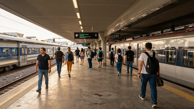 Andén concurrido, luz cálida y vibrante