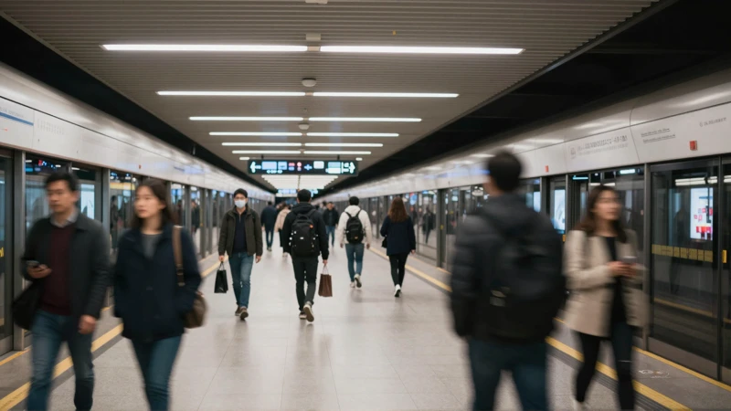 Estación subterránea, gente y luces difusas