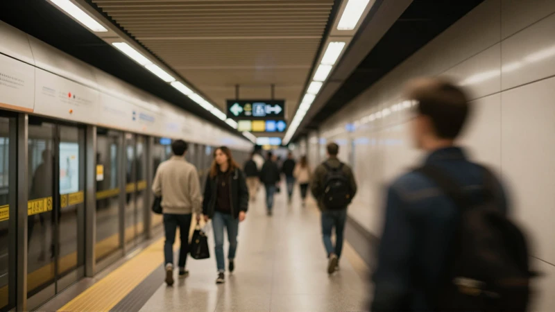 Pasajero en andén, luz cálida, borroso