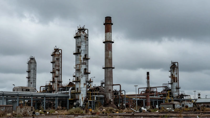 Refinería abandonada bajo cielo industrial