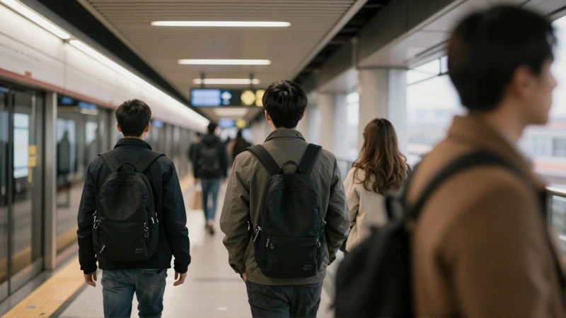 Viajero en metro, luz cálida, espontáneo