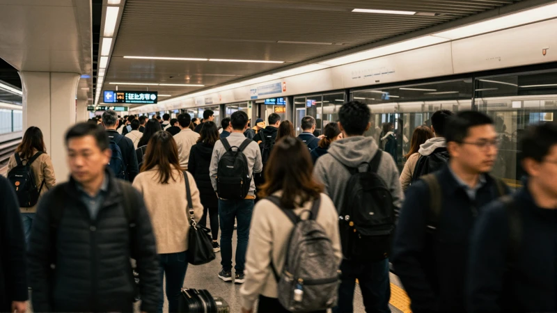 Viajeros en plataforma, luz cálida, documental
