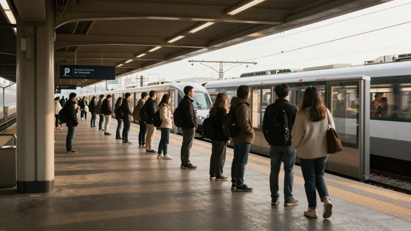 Pasajeros esperan en la plataforma iluminada