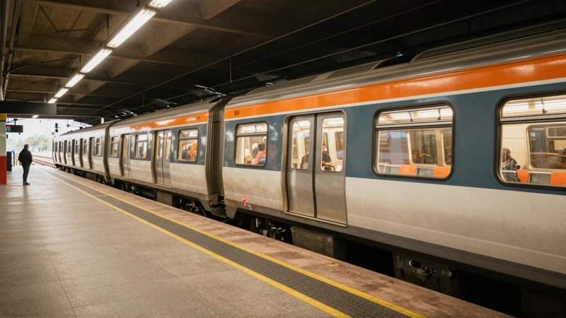 Tren en la estación, luz cálida, colores vibrantes