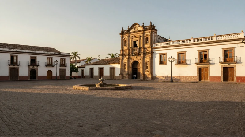 Plaza colonial, luz dorada e histórica